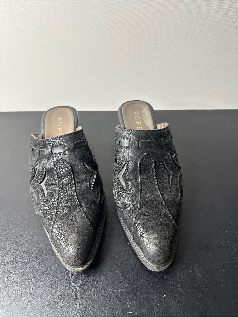 Roper Western Black Leather Megan Mules with Embossed Faux Snake Skin Design